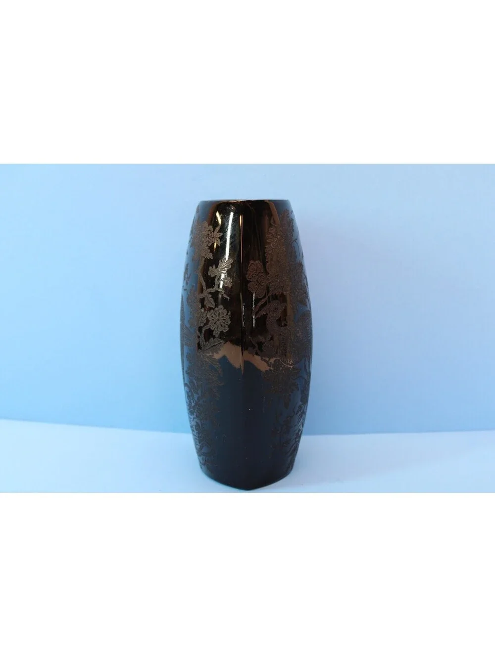 Vtg Asian Peacock & Rose Nora Bird Reverse Black/Ebony Porcelain Etched Vase 8x6